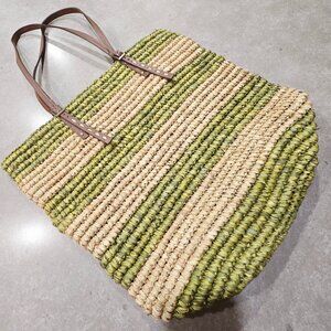 INDIGO Women's Two-Tone Natural Woven w/Leather Trim Shoulder/Tote Bag - Large